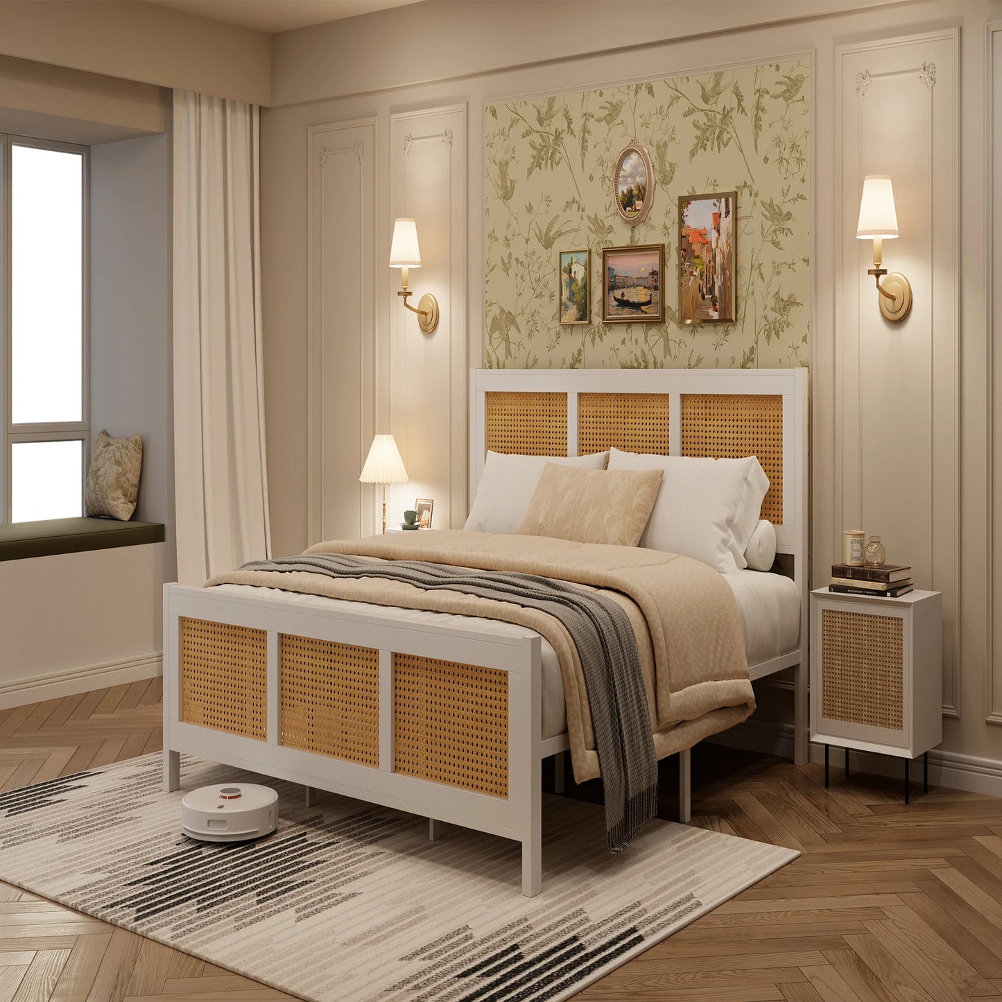 KING/QUEEN/FULL Size Rattan Bed Frame with Headboard, White Boho Cane Platform Bed Frame with Strong Metal Slat, Noise Free