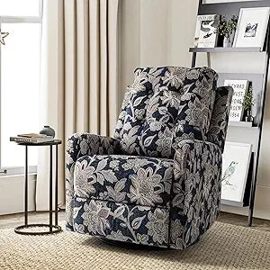 Recliner Chair Modern Printed Fabric for Living Room, Wingback Rocker Recliner Sofa Comfy Armchair 360 Degree Swivel, Nursery R