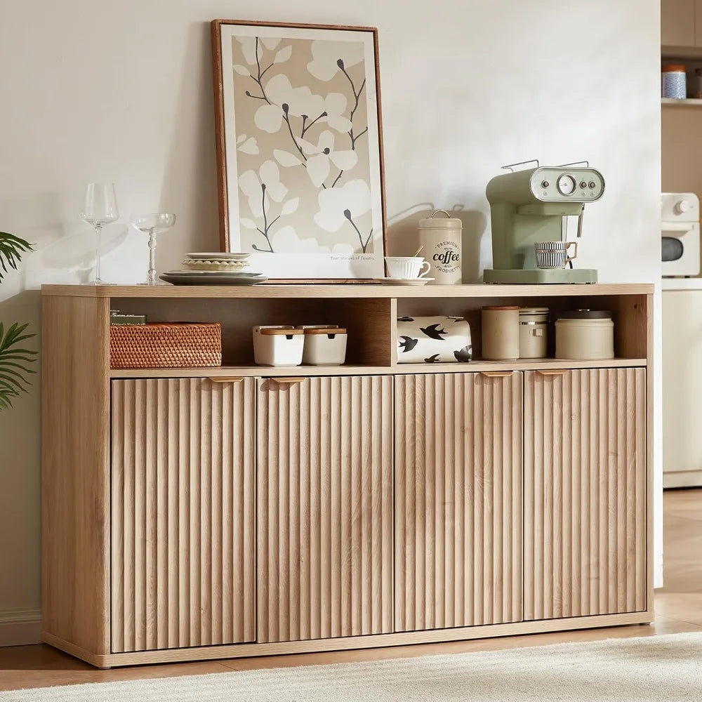 55" Wide Luted Buffet Cabinet with 4 Doors & Open Shelf | Modern Wood Sideboard for Dining/Kitchen Entryway