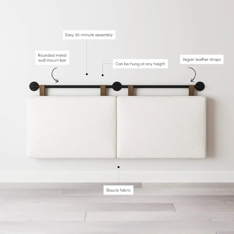 Nathan James Charlie Wall Mount Hanging Upholstered Headboard, Queen, White Boucle with Brown Faux Leather Straps