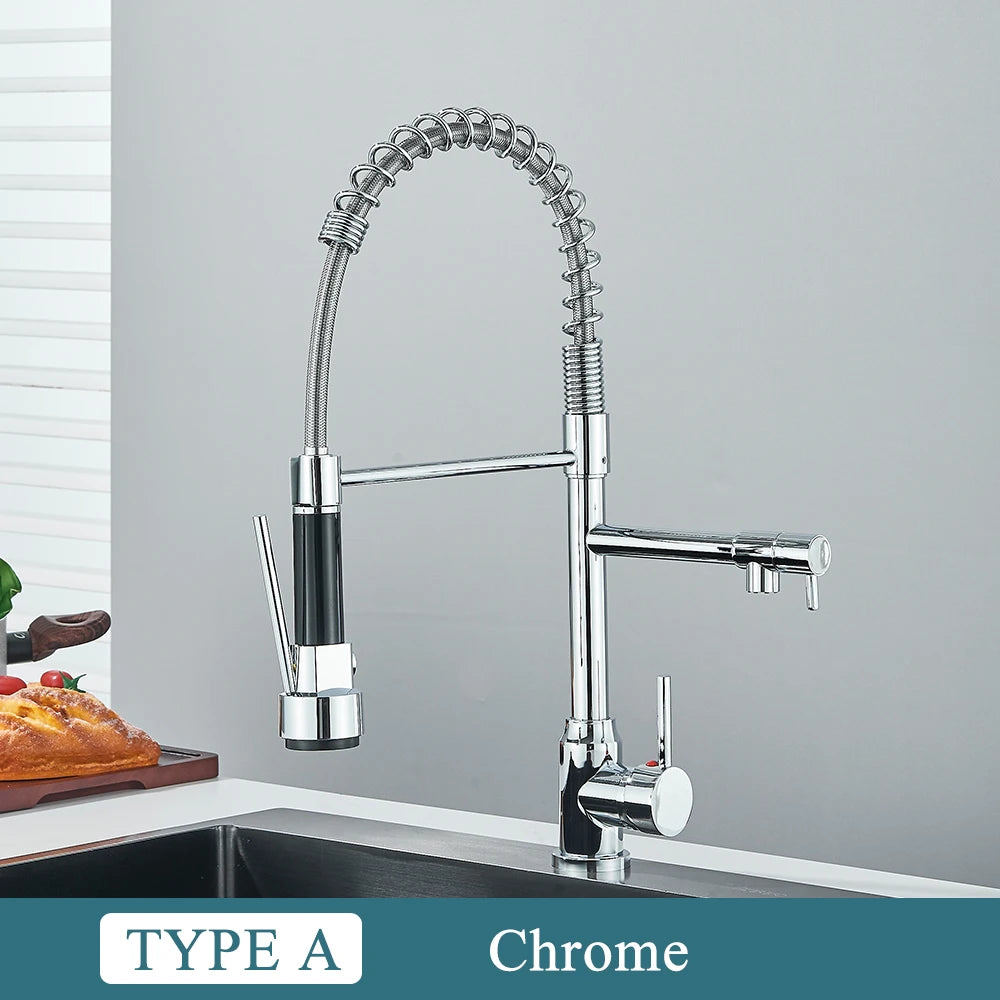 Chrome Brass Kitchen Sink Faucet Pull Down Hot and Cold Water Mixer2 Mode Tap with Dual Spout 360 Rotation Flexible Deck Mounted