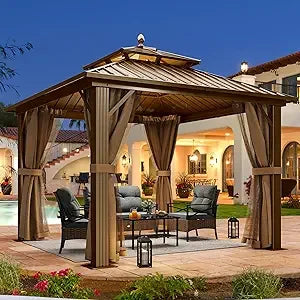 10x10ft Hardtop Gazebo with Nettings and Curtains, Heavy Duty Double Roof Galvanized Steel Outdoor Combined of Vertical Stripes