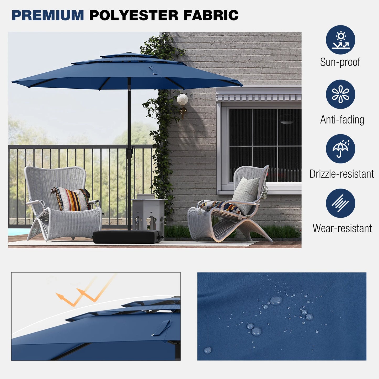 10 ft 3-tier Vented Patio Umbrella Large Market Table Umbrella Outdoor Sun Shade