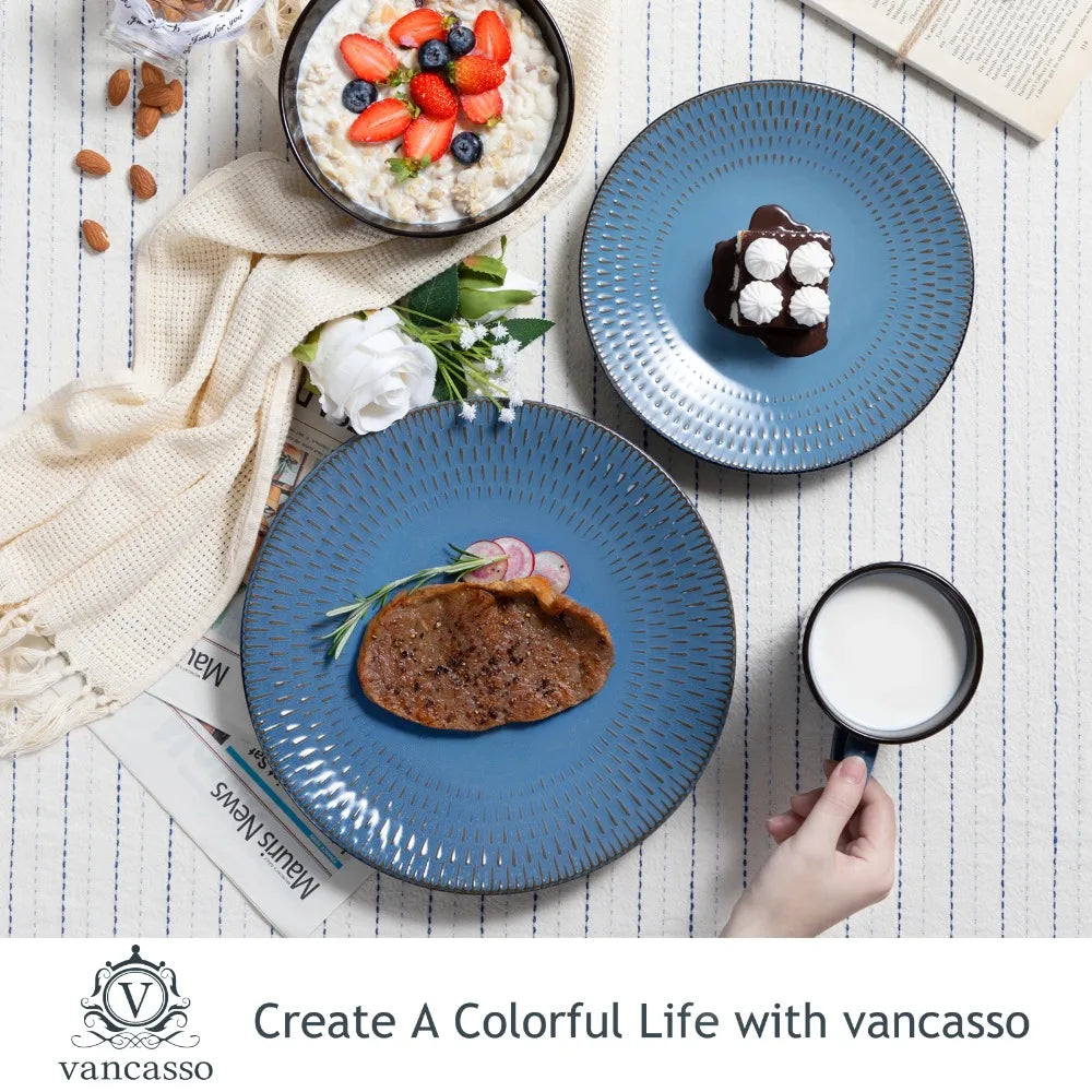 VANCASSO PLUVO 16PCS Blue Embossed Stoneware Tableware Set Home Hotel Tableware with 4 Piece Dinner/Dessert Plate/Soup Bowl/Mug