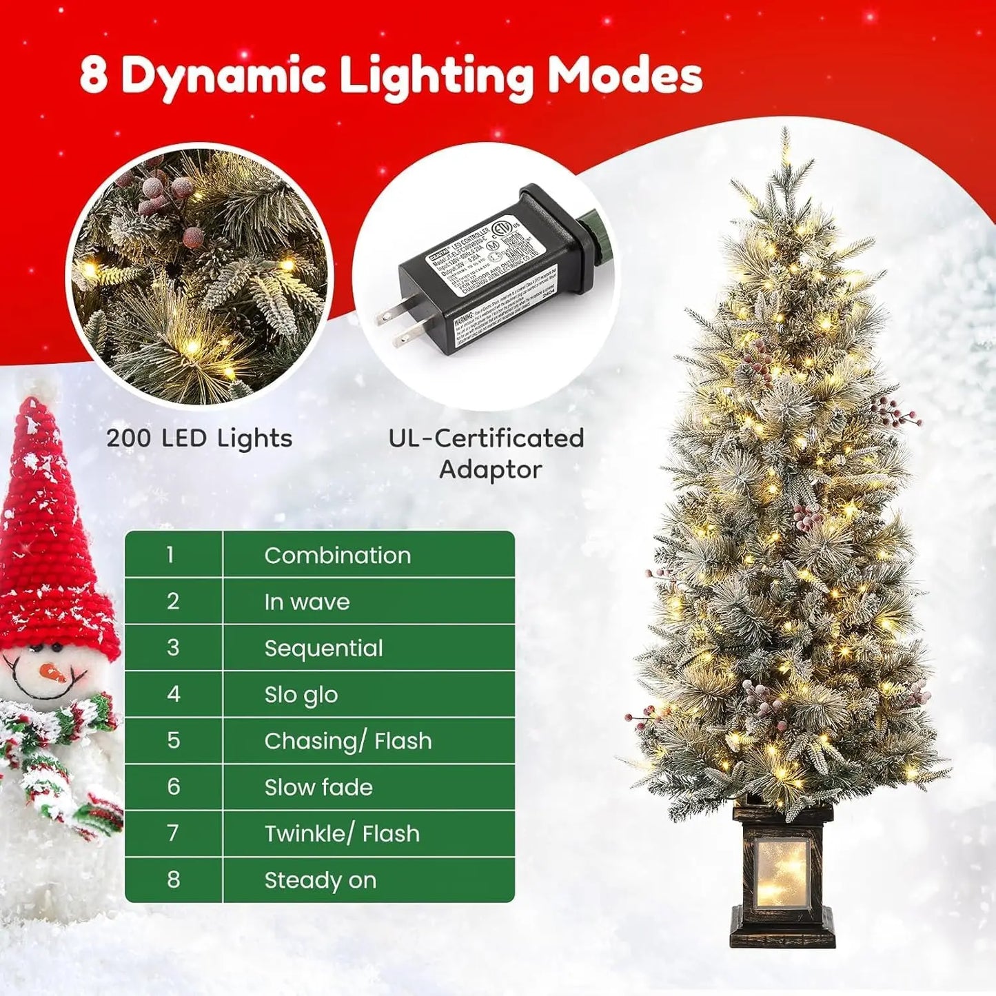 4.5ft Pre-Lit Artificial Christmas Tree, Small Flocked Potted Christmas Trees with 200 LED Lights, Xmas Tree for Tabletop