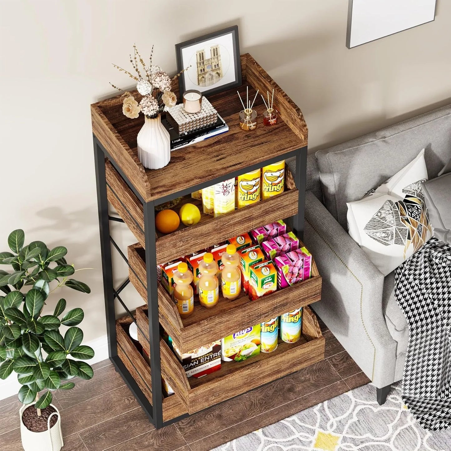 LITTLE TREE Wood Fruit and Vegetable Storage Rack, 5-Tier Pull-Out Snack Stand Fruit Basket Stand,for Kitchen, Living Room