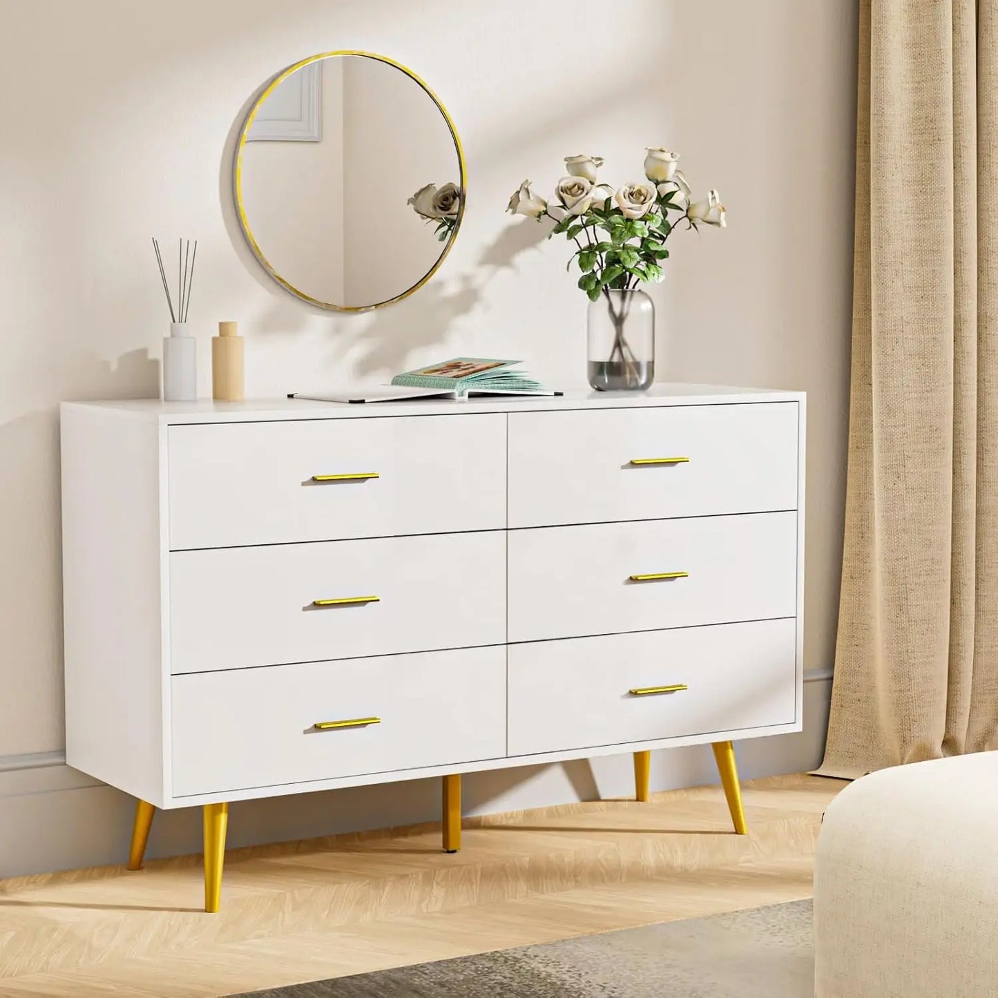 Walnut Brown Dresser for Bedroom, 6 Drawer Dresser with Wide Drawers and Metal Knob, Wood Dressers & Chest of Hallway