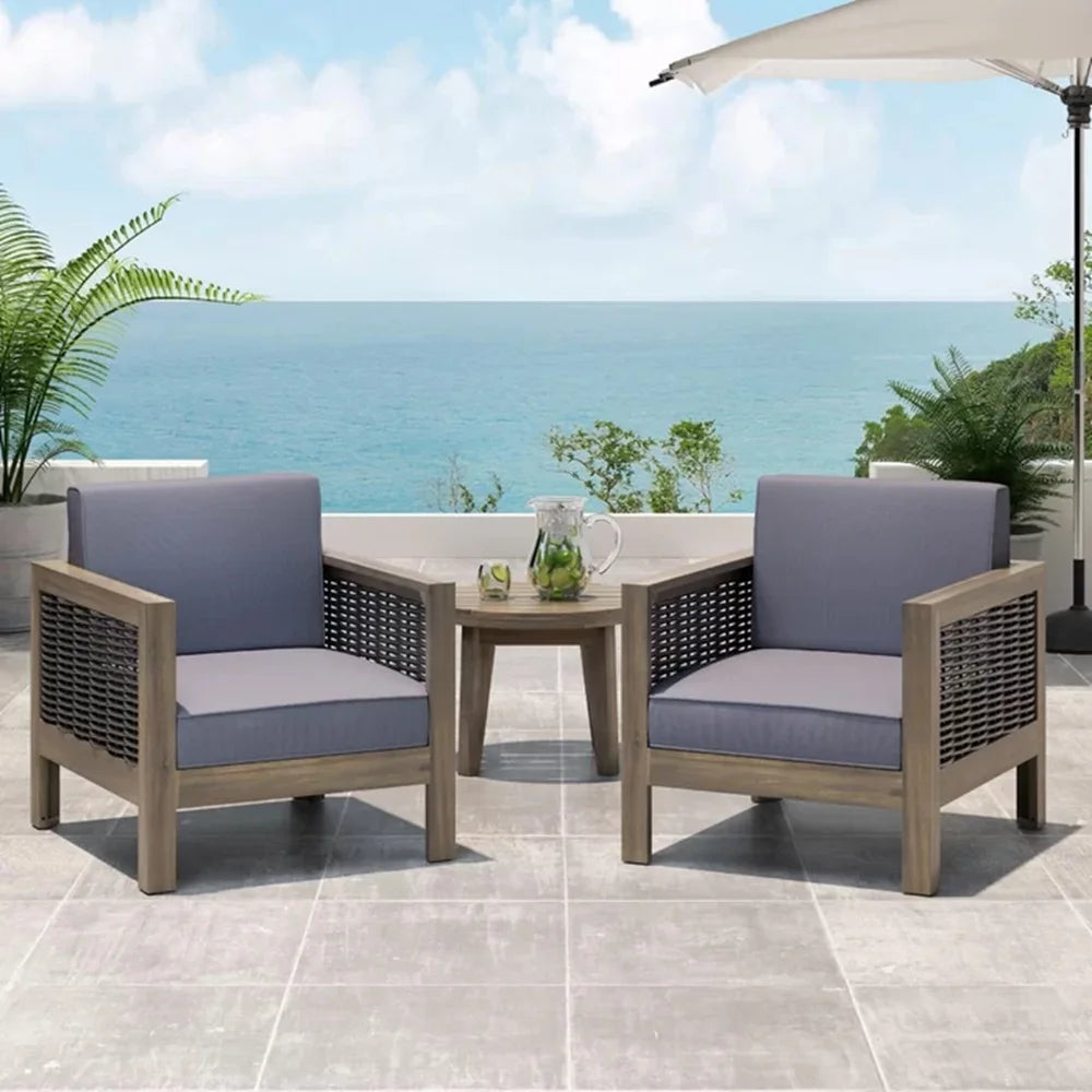 Outdoor Acacia Wood Club Chair with Wicker Accents, Teak Finish ,Mixed Brown,Beige,Patio Furniture Conversation Set for Backyard