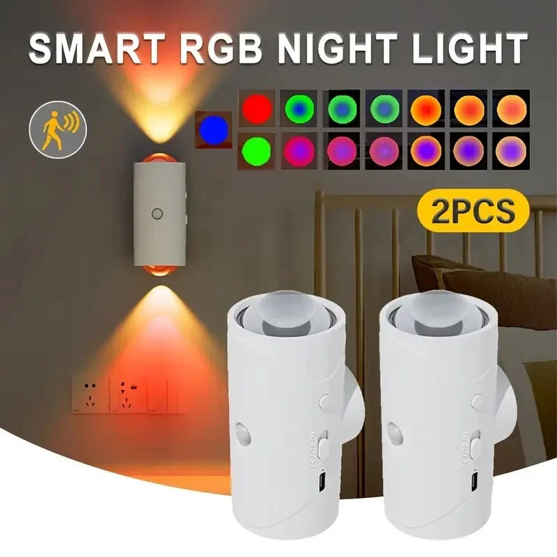 RGB Gradient LED Night Light with Motion Sensor Wall Lamp Rechargeable Ambient Light Dimmable Indoor Lights Magnetic Step Lamp