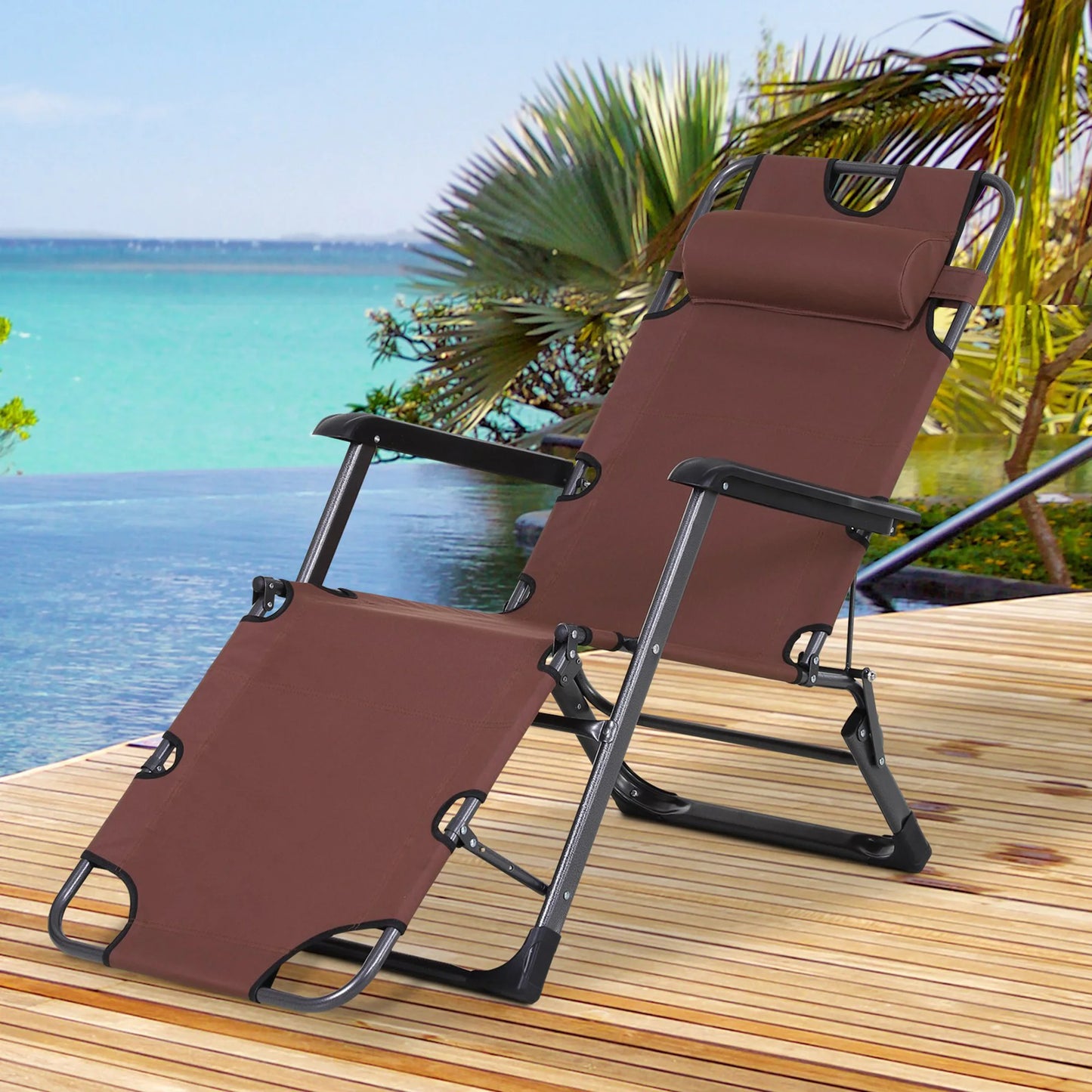 Outdoor Folding Patio Chaise Lounger Armchair Recliner W/ Padded Headrest, Brown
