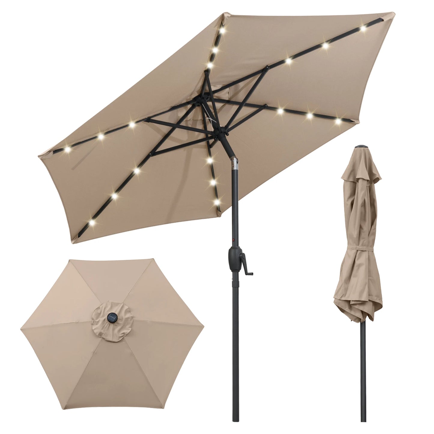 7. 5 ft Solar Powered Patio Umbrella w/ LED Lights Push Button Tilt Crank Handle