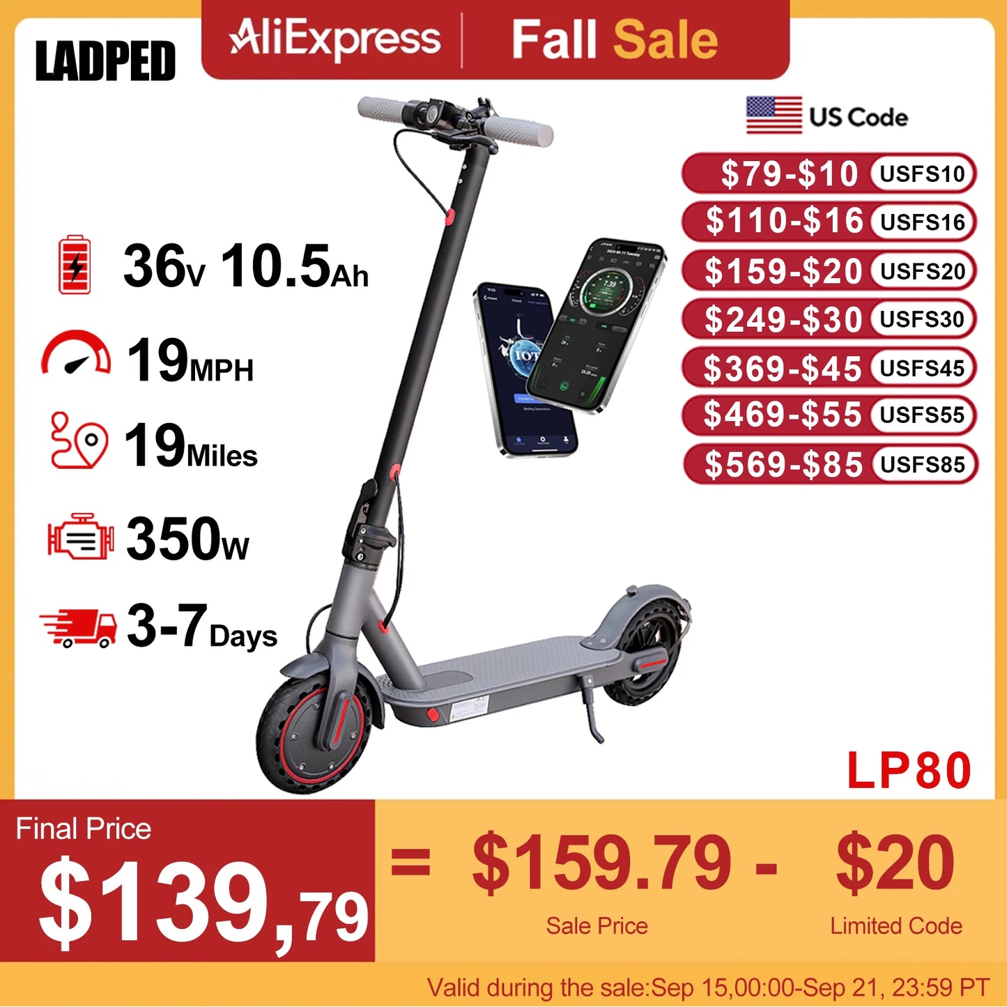 Ladped Electric Scooter 350W 19 MPH App Smart Folding