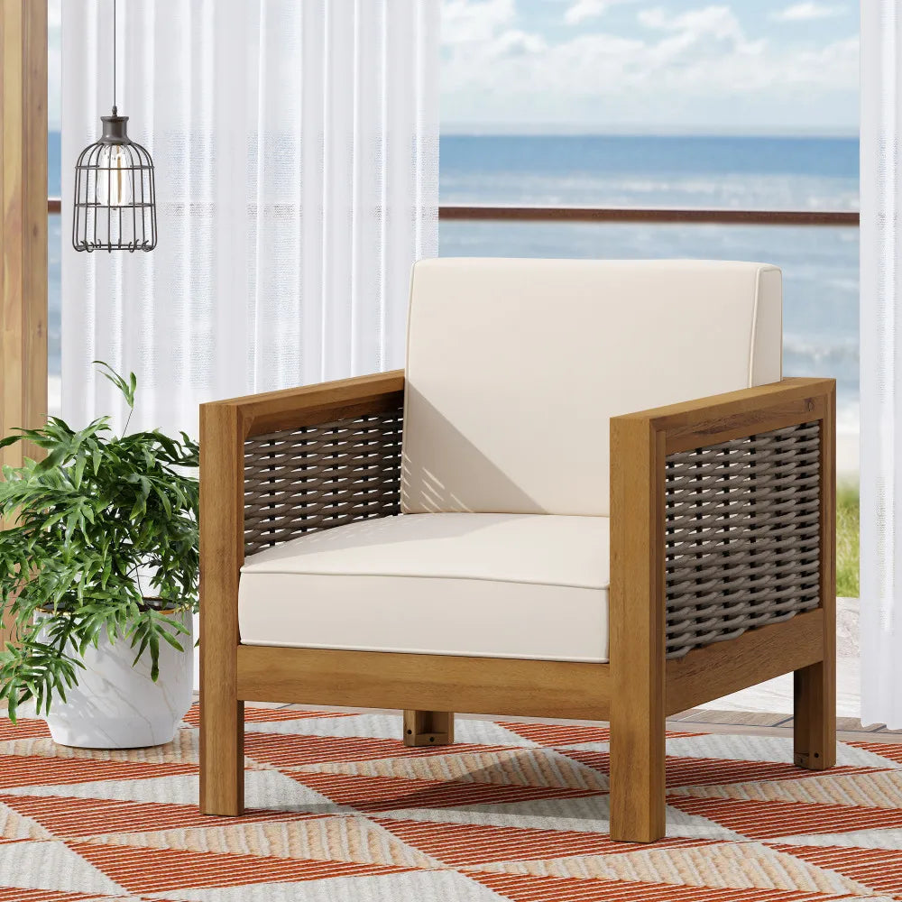 Outdoor Acacia Wood Club Chair with Wicker Accents, Teak Finish ,Mixed Brown,Beige,Patio Furniture Conversation Set for Backyard