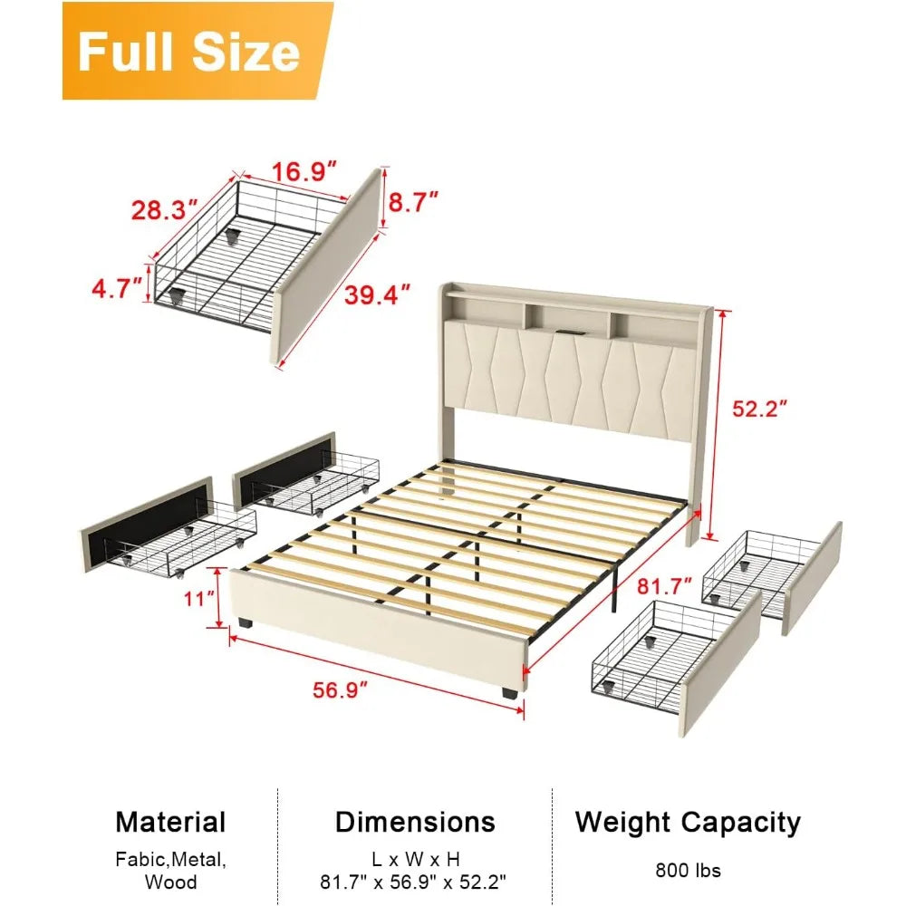 Full Size Bed Frame, Velvet Upholstered LED Platform Bed with Headboard Storage, Bed Frame Full Built-in Charging Station with 4