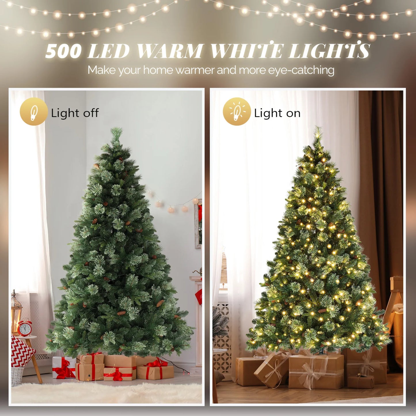 "6ft Auto Tree Structure, PE/PVC, 500 Warm Lights, 9 Modes, Remote Control, 900 Branches with Pine Needles, Green Christmas Tree
