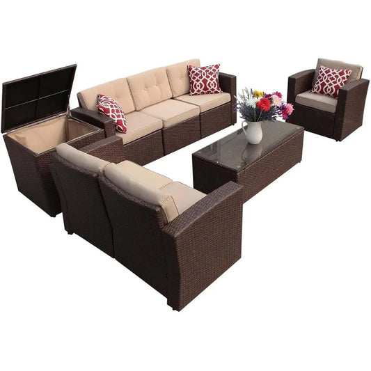 Super Patio 8 Pieces Outdoor Patio Furniture Set, Wicker Patio Conversation Sets with Storage Box, Rattan Outdoor Sectional Sofa