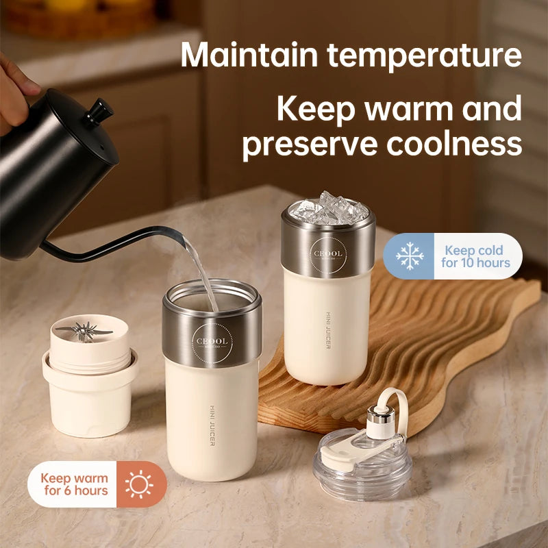 Double Layer Vacuum Insulated Juicer 304 Stainless Steel Juicers 350ml USB Charge Portable 26 Blades Strong Power Freesh Juicer