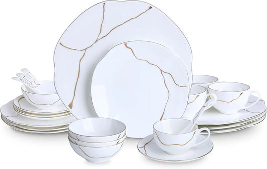 24 Piece White Porcelain Dinnerware set for 4,Plates and Bowls Sets With Gold Rim and gold accents,Highly Chip and Crack Resista