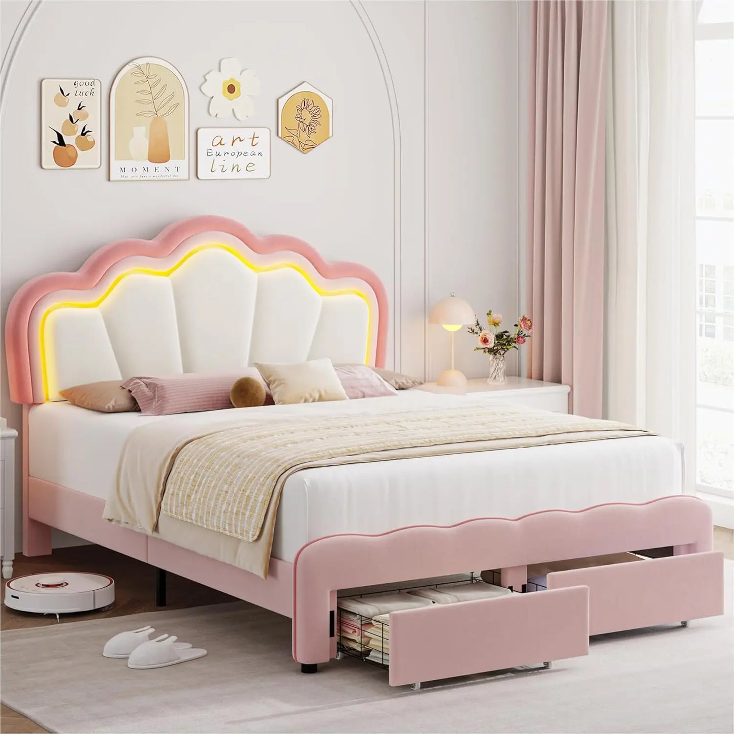 Full Upholstered LED Bed Frame with Storage Drawers, with Adjustable Lotus Headboard, Velvet Princess Platform Bed Frame