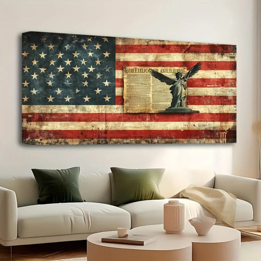 American Flag Canvas Wall Art in Pine Frame Vintage Finish