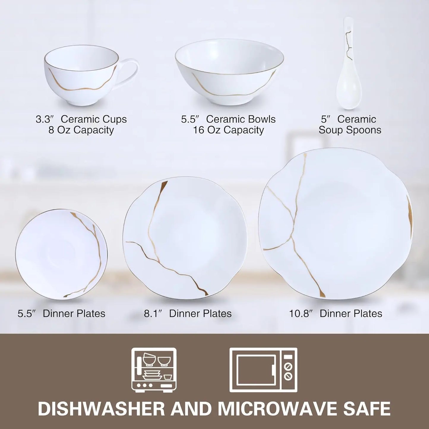 24 Piece White Porcelain Dinnerware set for 4,Plates and Bowls Sets With Gold Rim and gold accents,Highly Chip and Crack Resista