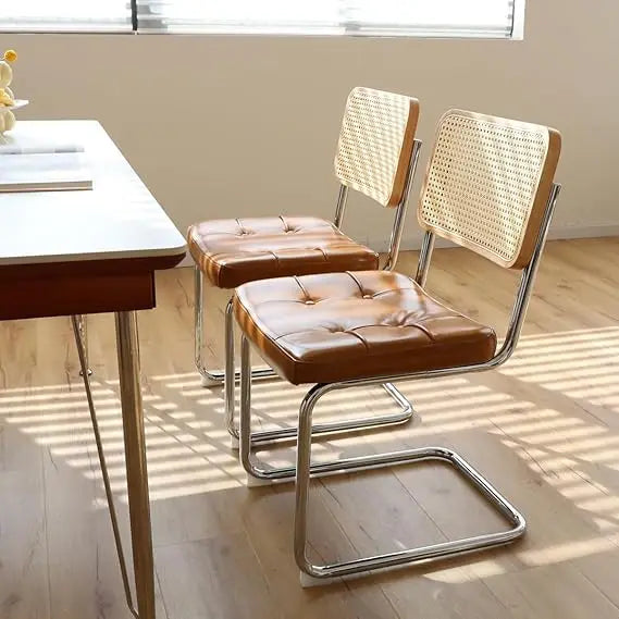 Mid Century Style Rattan Chairs Set of 2, Faux Leather Woven, Solid Wood Backrest, Chrome Metal Legs Dining Chairs