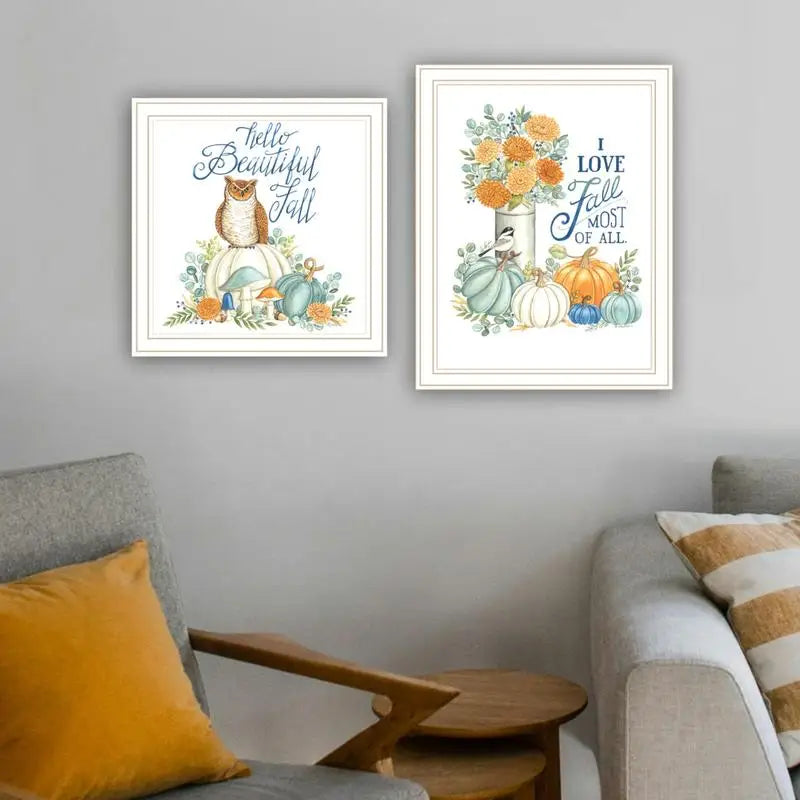 2-Piece Fall Themed Framed Wall Art - "I Love Fall Most of All" Prints for Living Room and Bedroom Decor by Deb Strain