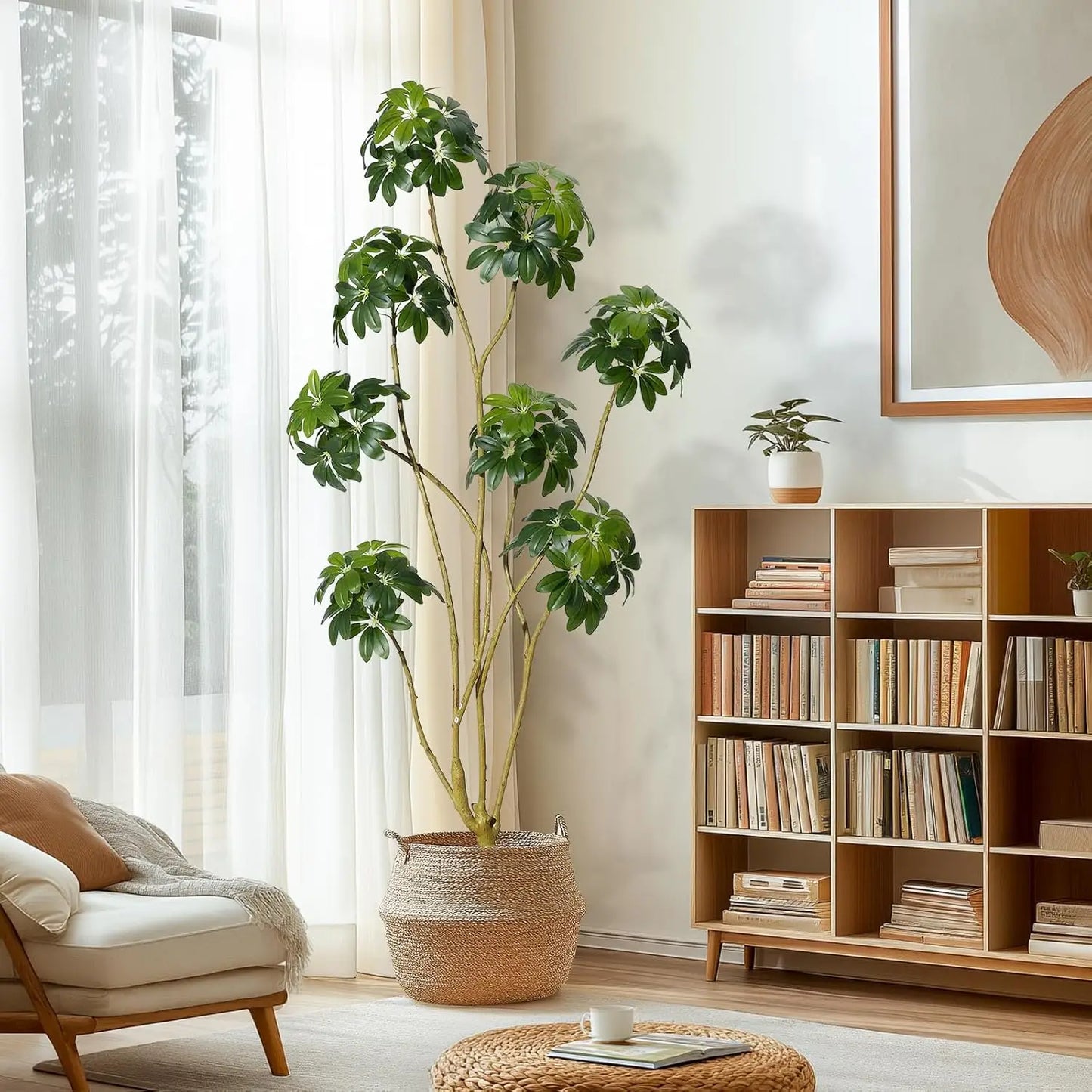 5/6/7ft Tall Fake Umbrella Schefflera Tree in White Pot ,Artificial Umbrella Tree Fake Plants for Home Garden Office Decor