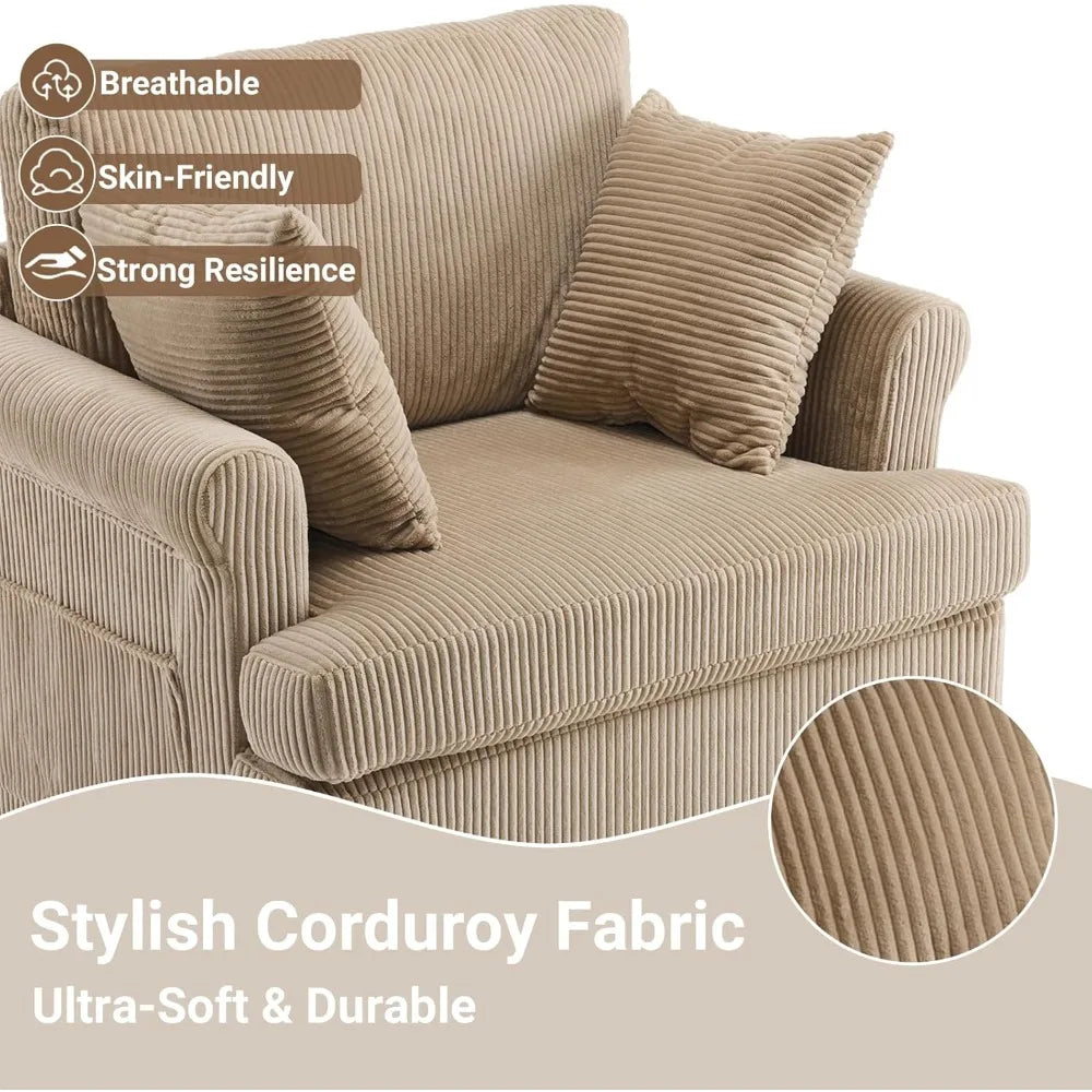 39" Swivel Accent Chair,Oversized Seat Armchair W/2 Pillows and 4 Pockets,Modern Upholstered Corduroy Barrel Chairs,Comfy