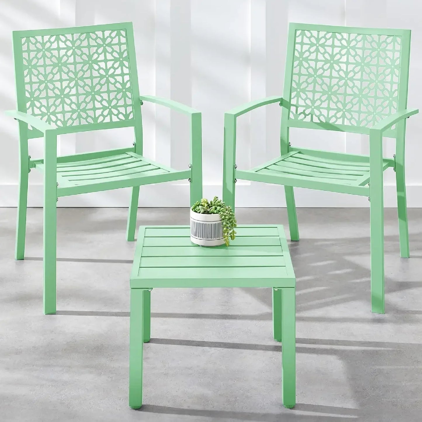 3-Piece Outdoor Bistro Set, Stackable Modern Steel Furniture for Porch, Garden w/ 2 Chairs, Table, Geometric Decor