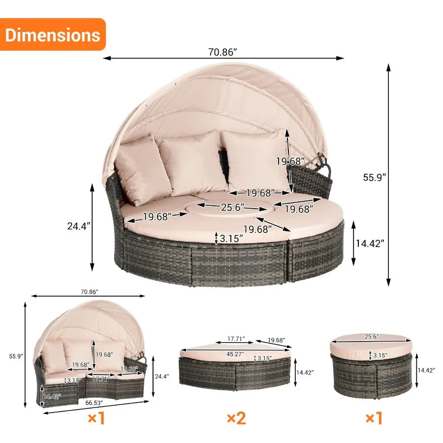 5 Pieces Outdoor Patio Round Daybed Furniture Wicker Conversation Set with Retractable Canopy Soft Cushions and Storable Table