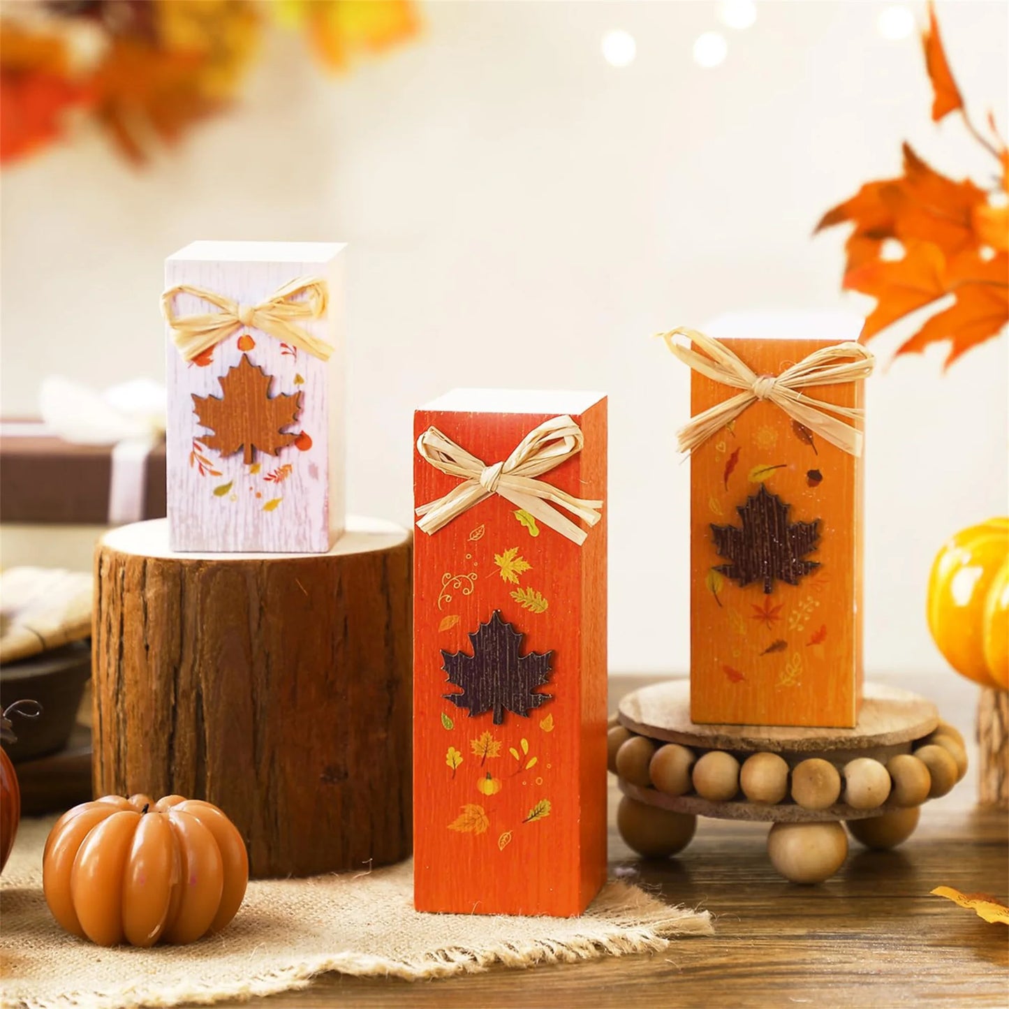 Rustic Autumn Tabletop Decor Set with Wooden Standing Blocks and Letter Print Signs for Tiered Trays 3 Pieces