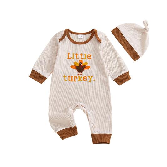 Baby Girl Thanksgiving Jumpsuit Long Sleeve Round Neck Turkey Embroidery Romper with Hat