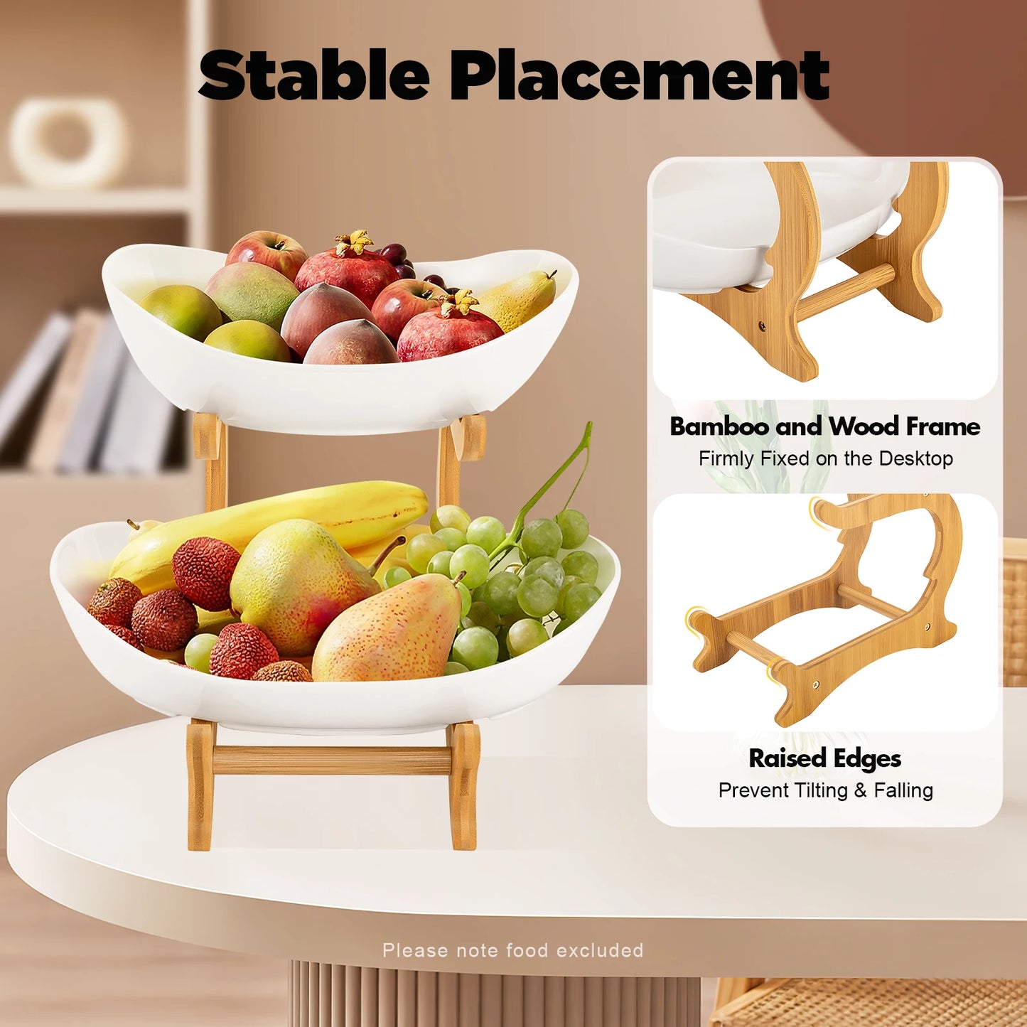 2-Tier Ceramic Fruit Bowl Set Fruit Basket Bamboo Frame & Lead-Free Glaze Fruit Display Bowl for Kitchen/Dining Table Decor