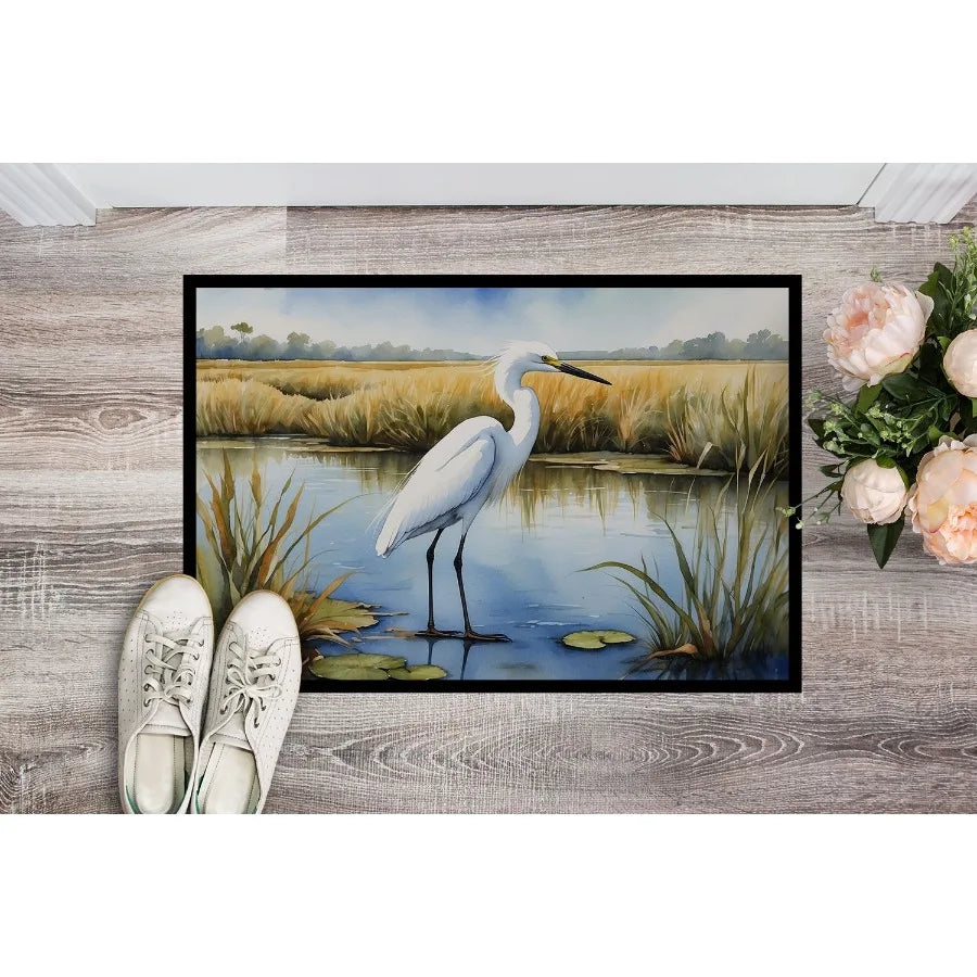 Snowy Egret in Coastal Marshes Doormat Front Door Mat Indoor Outdoor Rugs for Entryway Non Slip Washable Low Pile 24H X 36W