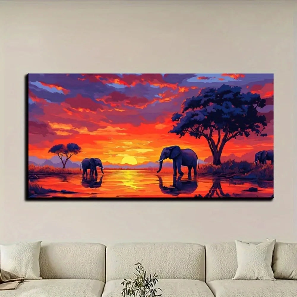 Framed African Sunset Elephant Canvas Art Wildlife Decor