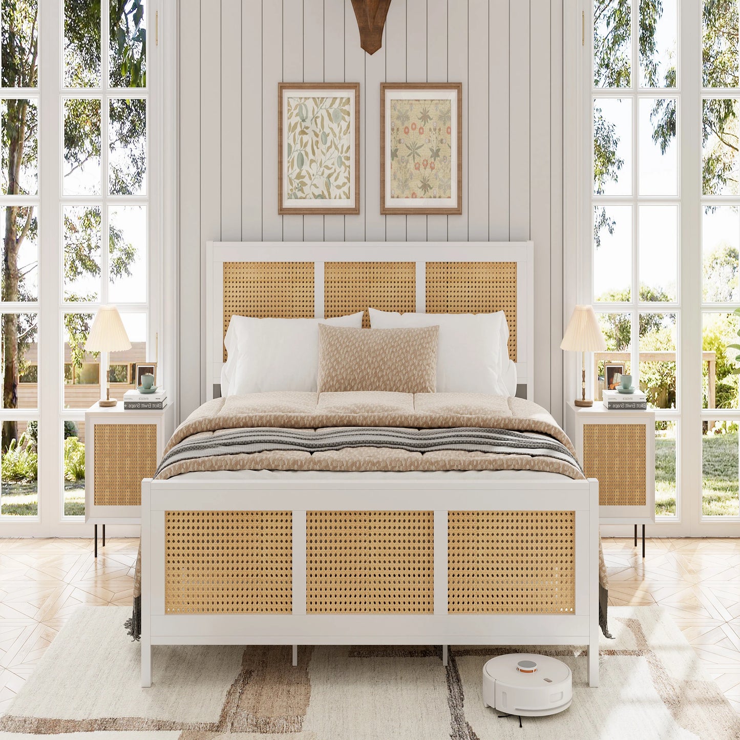 KING/QUEEN/FULL Size Rattan Bed Frame with Headboard, White Boho Cane Platform Bed Frame with Strong Metal Slat, Noise Free