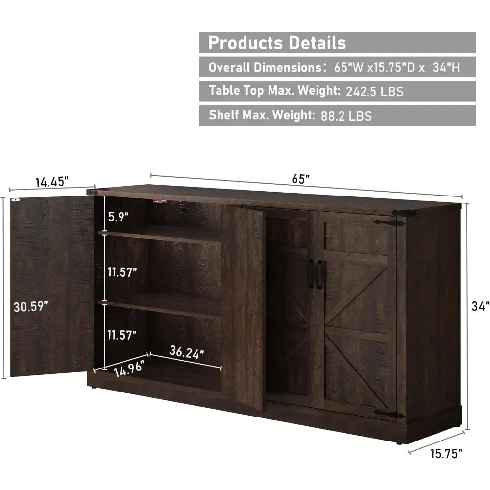 Sideboard Buffet Cabinet with Storage-65 In Farmhouse Kitchen Pantries Sideboard Cabinet,Wooden Coffee Bar Cabinet Buffet Table