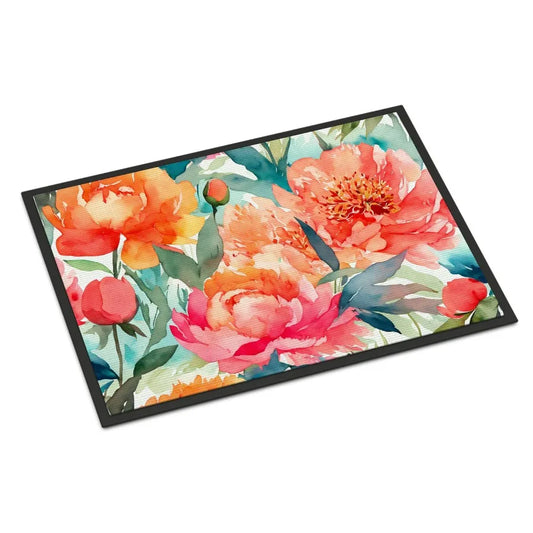 Peonies in Watercolor Doormat Front Door Mat Indoor Outdoor Rugs for Entryway Non Slip Washable Low Pile 24H X 36W