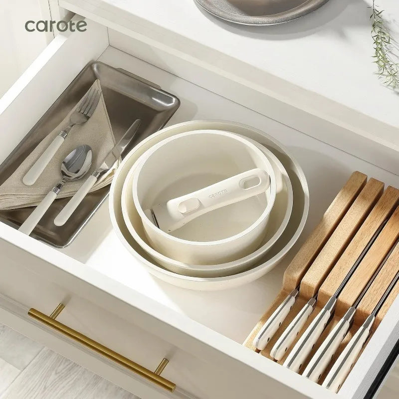 CAROTE Pots and Pans Set Non Stick, 15pcs Cookware Sets, Kitchen Set, Oven/Dishwasher/Fridge Safe, Space Saving Pots Set