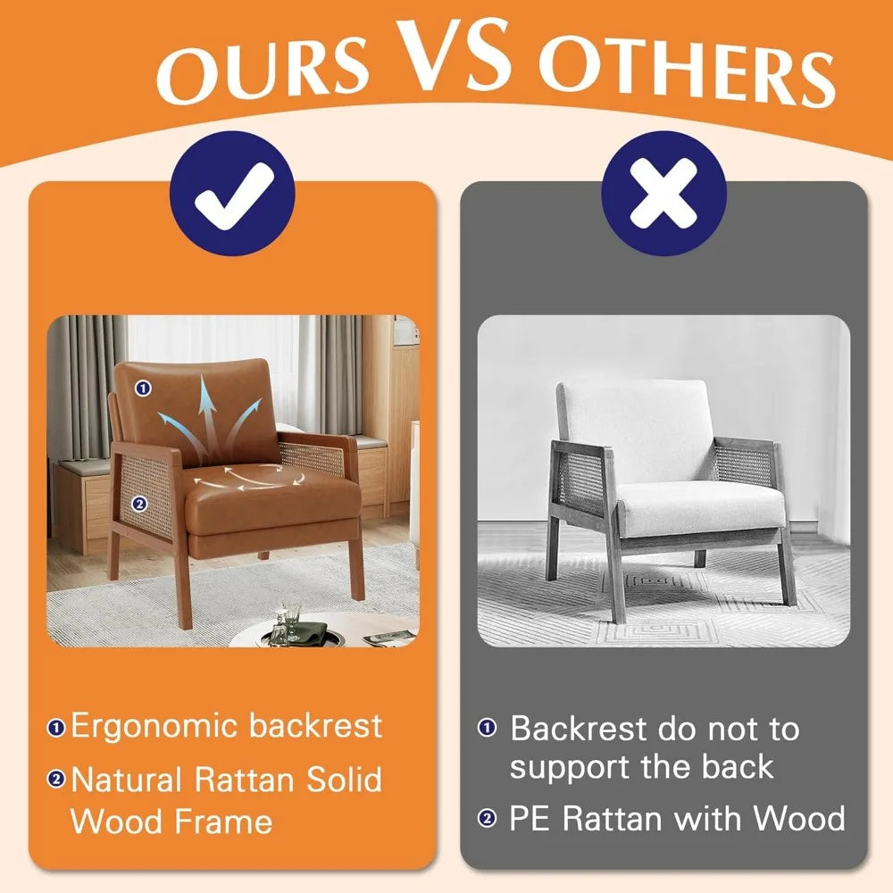 Brown Accent Chair Set of 2 Upholstered Living Room Chairs Natural Rattan Armchair, Modern Faux Leather Slipper