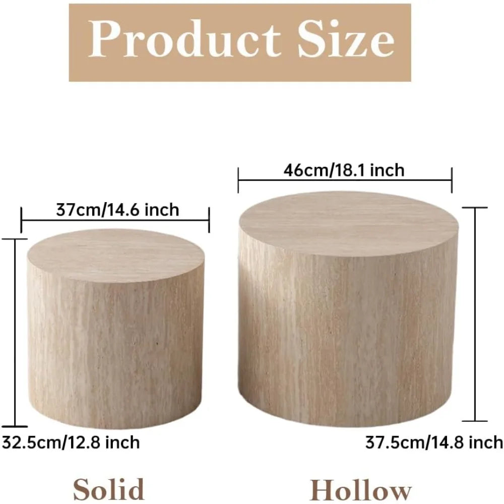 Pair of Modern Nesting Coffee Tables - Small Circular Travertine Side Tables for Home Decor