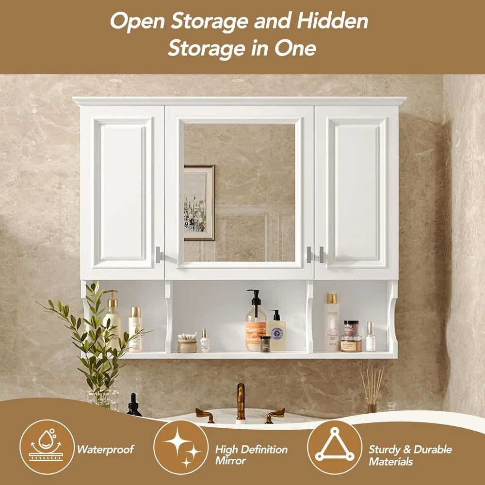 Bathroom Wall Cabinet with Mirror, Medicine Cabinet with 3 Doors and Adjustable Shelf, Space Saver Storage Cabinets Over The Toi