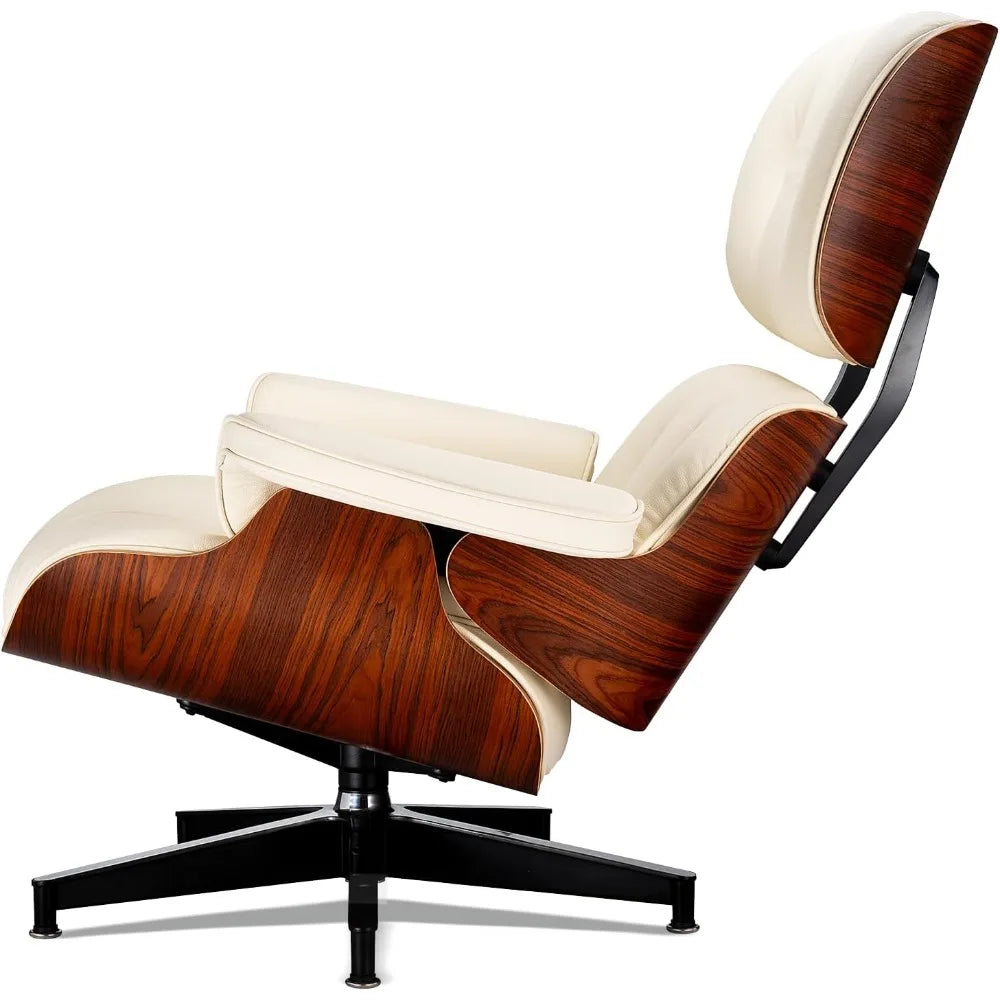 Chaise Lounge Chair with Ottoman Genuine Leather High-Resilience Foam Cushions Mid Century Modern Ergonomic Design