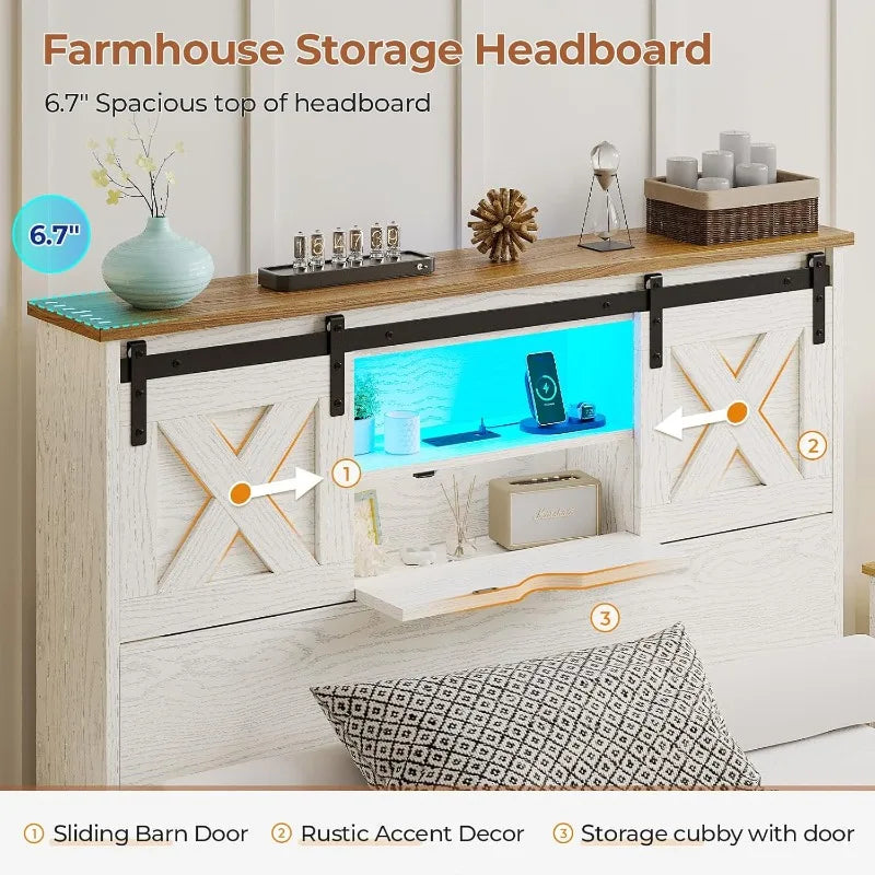 Hasuit Farmhouse Bed Frame Twin Size 2 Storage Drawers, Wooden Platform Twin Bed LED Lights Charging Station, Rustic Accent