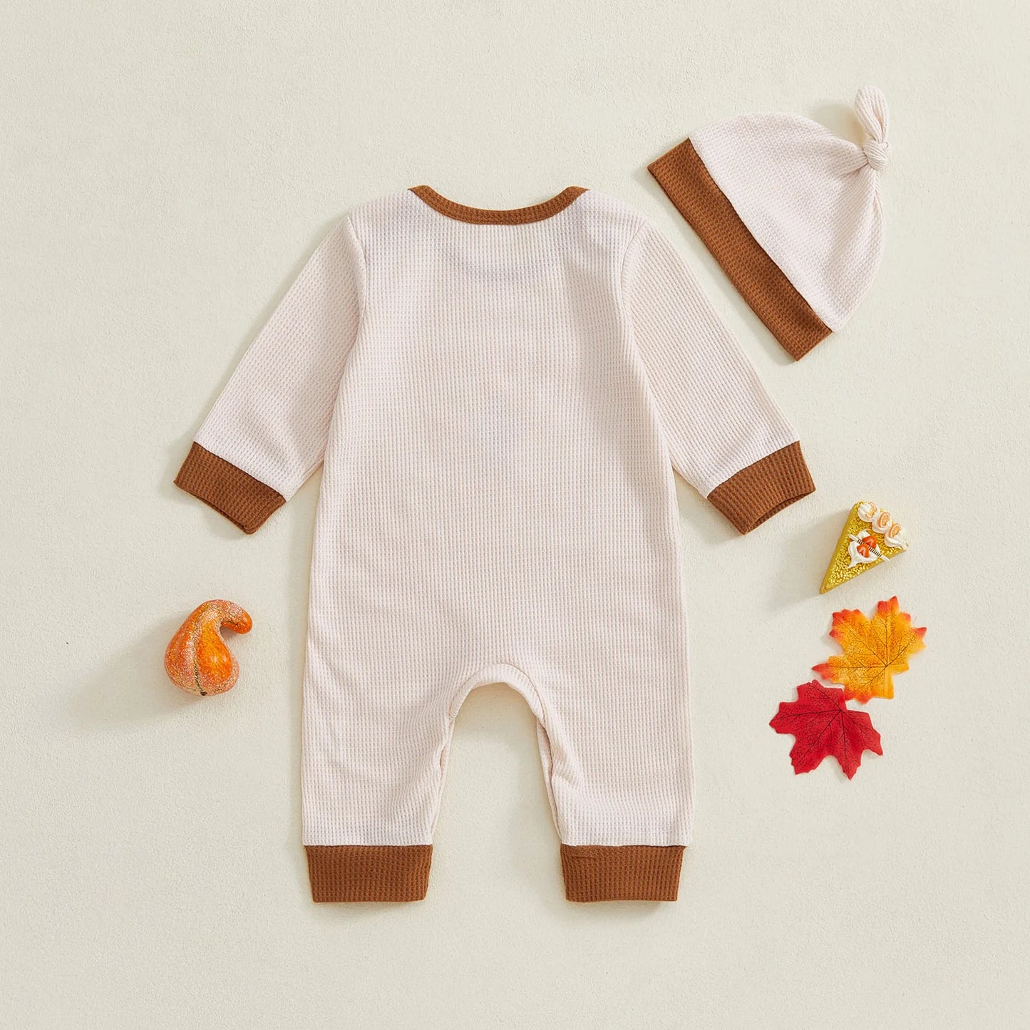 Baby Girl Thanksgiving Jumpsuit Long Sleeve Round Neck Turkey Embroidery Romper with Hat