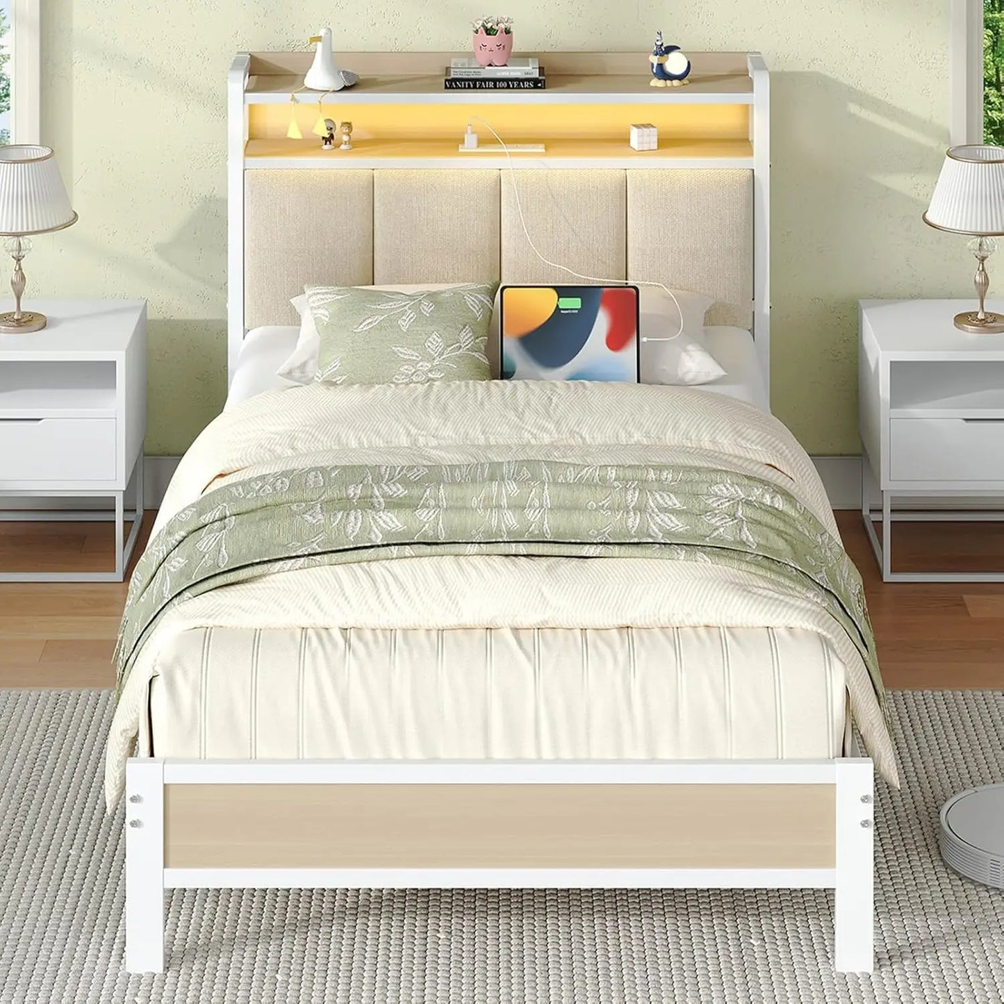 ANGDUO Bed Frame With Storage Headboard And LED Lights