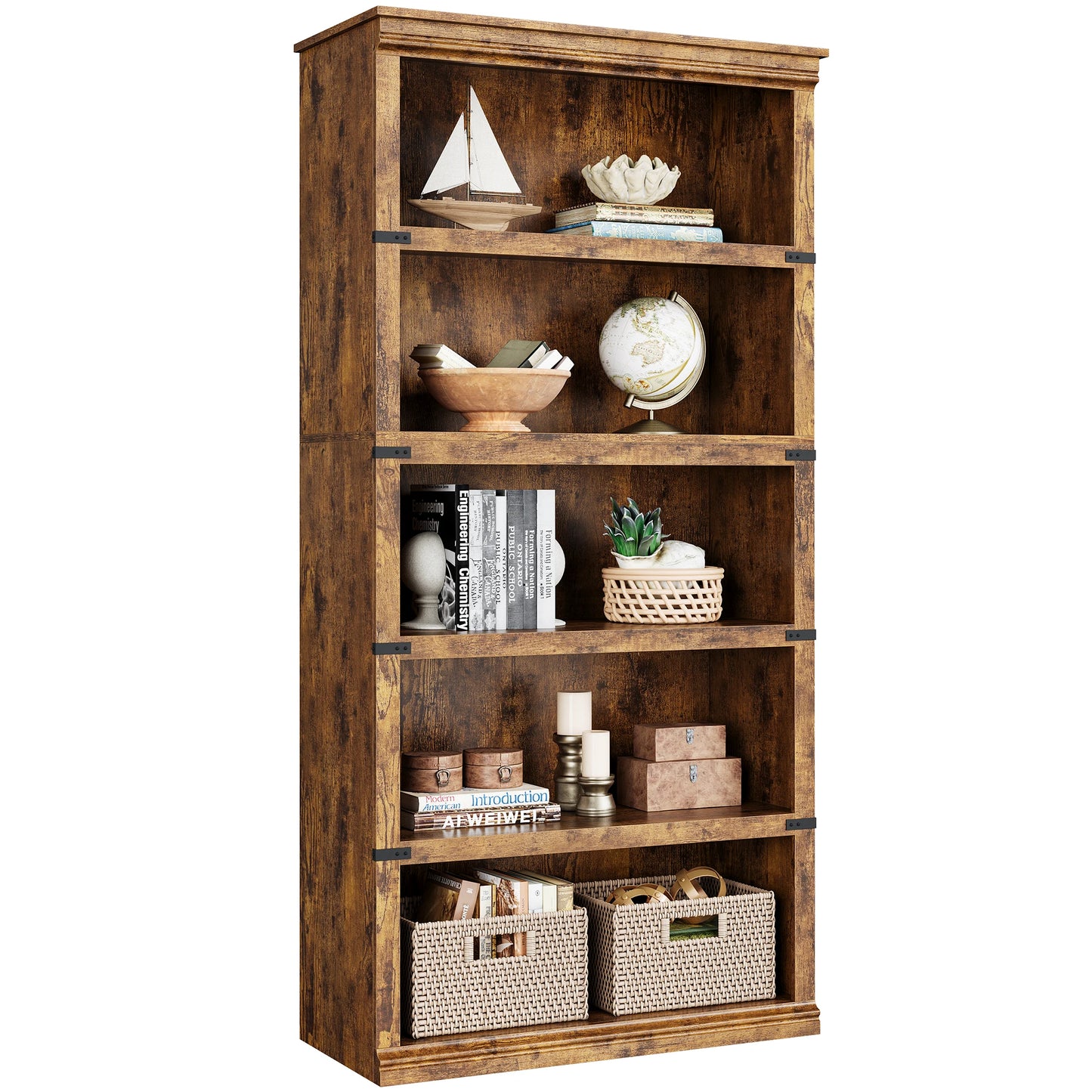 5 Tier Bookcase, Farmhouse Book 3-5 Shelf with Storage Open Display Bookshelves, Home Decor Furniture for Home Office, Bed Room