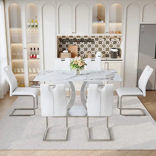 63-Inch Modern Dining Table Set with 6 Upholstered Chairs, White Tempered Glass Top & Adjustable Stainless Steel Base,