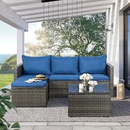 Small Outdoor Sofa Patio Furniture Set with Detachable Cushions, 3 PCS Patio Sectional Sofa with Coffee Table & 5 Position Adju